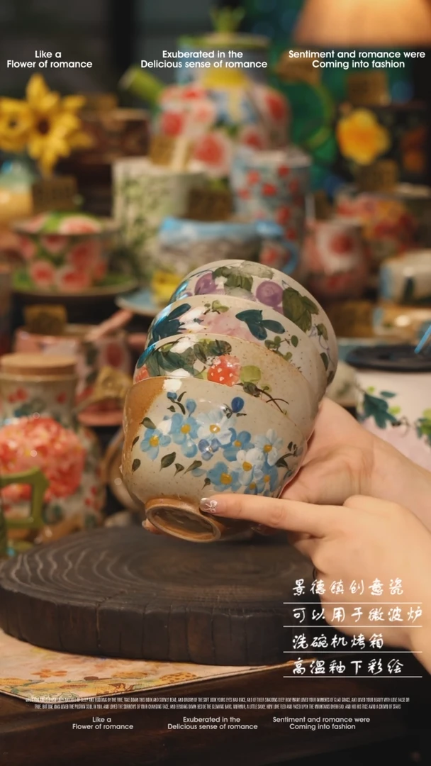 陶瓷四件套景德镇高温釉下彩绘设计师款式