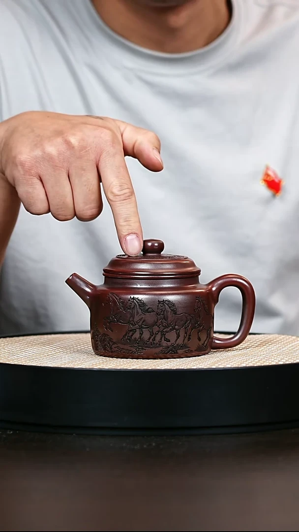 茶壶紫砂古乌泥八骏图德钟紫砂壶