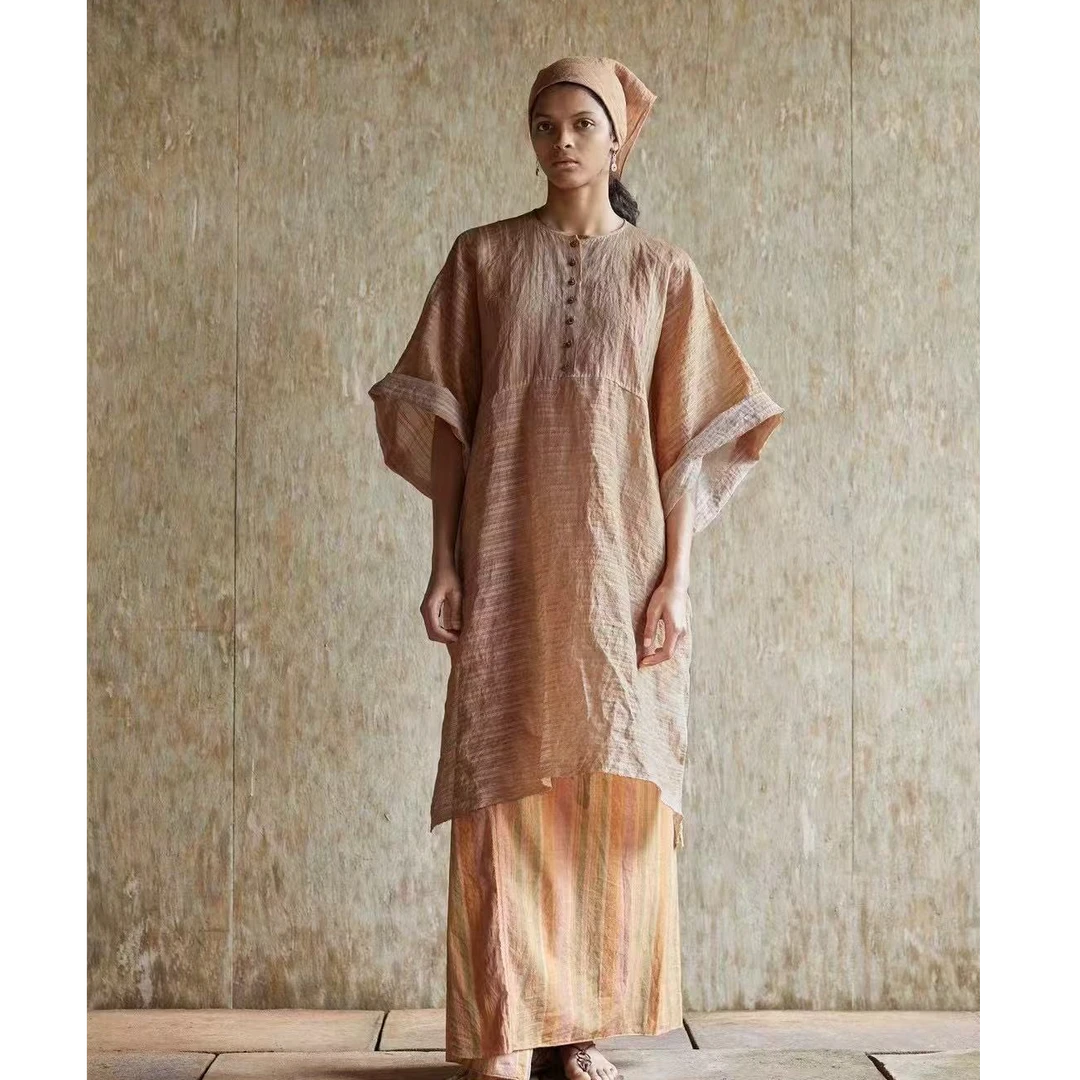 涟香家左岸迷香连衣裙5015柿子染色宽松袍子大袖九分袖文艺复古