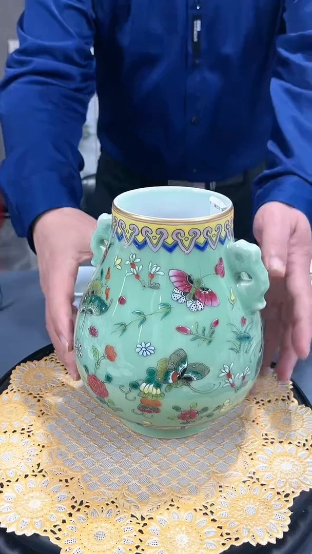 【闪购商品】官窑瓷画院591官窑瓷画院豆青釉蝶恋花福筒