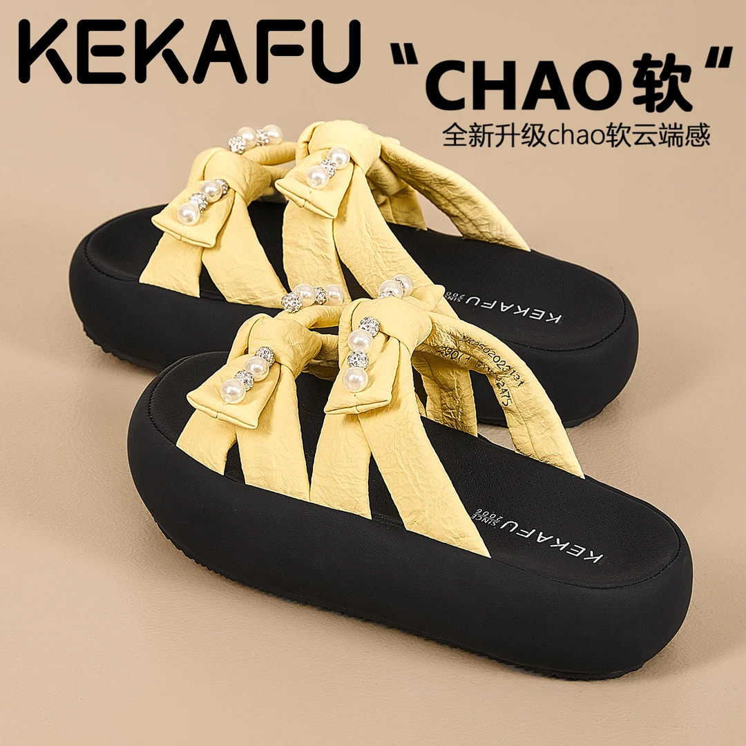 珂卡芙踩屎感一字拖鞋女夏外穿2025新款蝴蝶结厚底增高休闲沙滩鞋