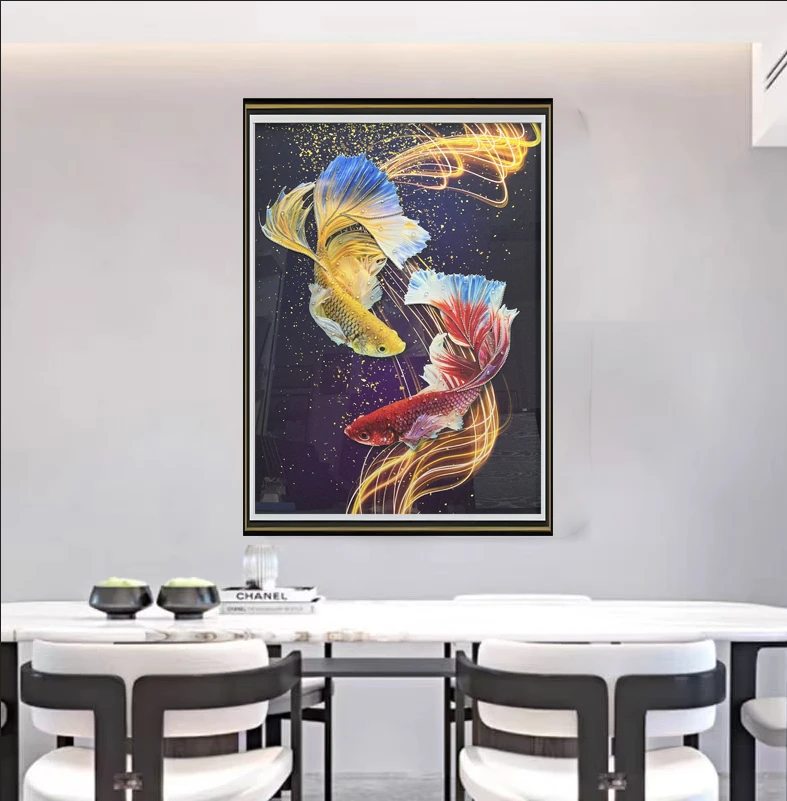 Q237锦鲤送福时尚餐厅客厅轻奢挂画钢化玻璃装裱实物鎏金画装饰画