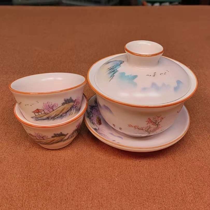 粉汝山水画三才盖碗送2杯Q003