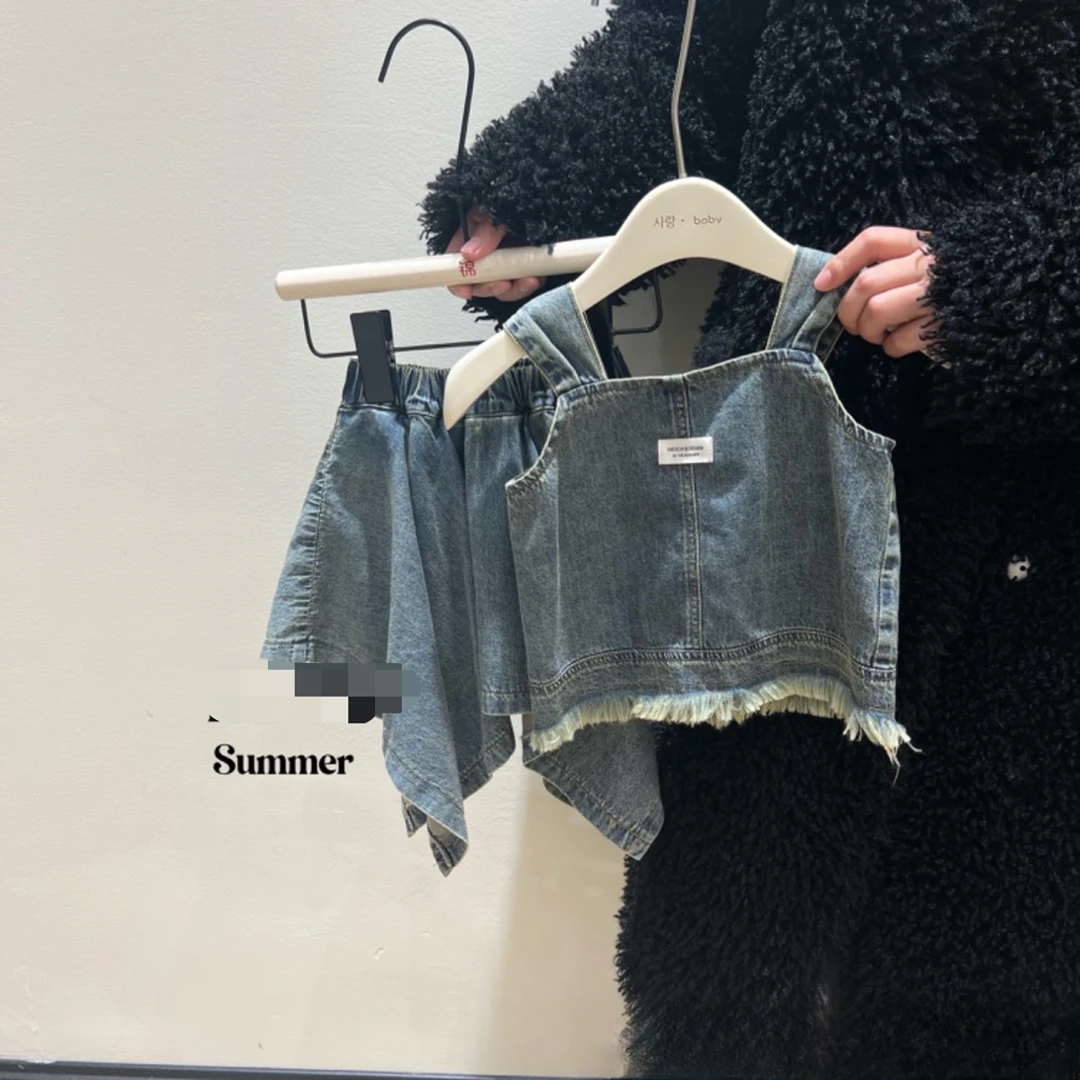 【场仔】女童套装裙牛仔裙夏款小女孩套装韩版休闲牛仔两件套500279