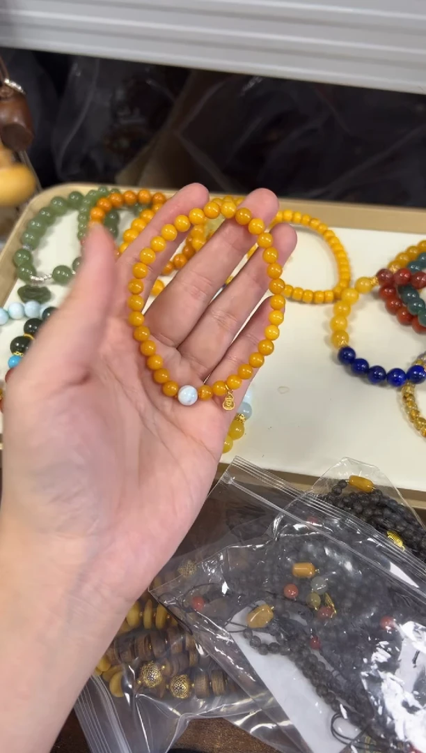 银S925镶嵌蜜蜡手链满蜜蜜蜡海纹珠银手链[0733]