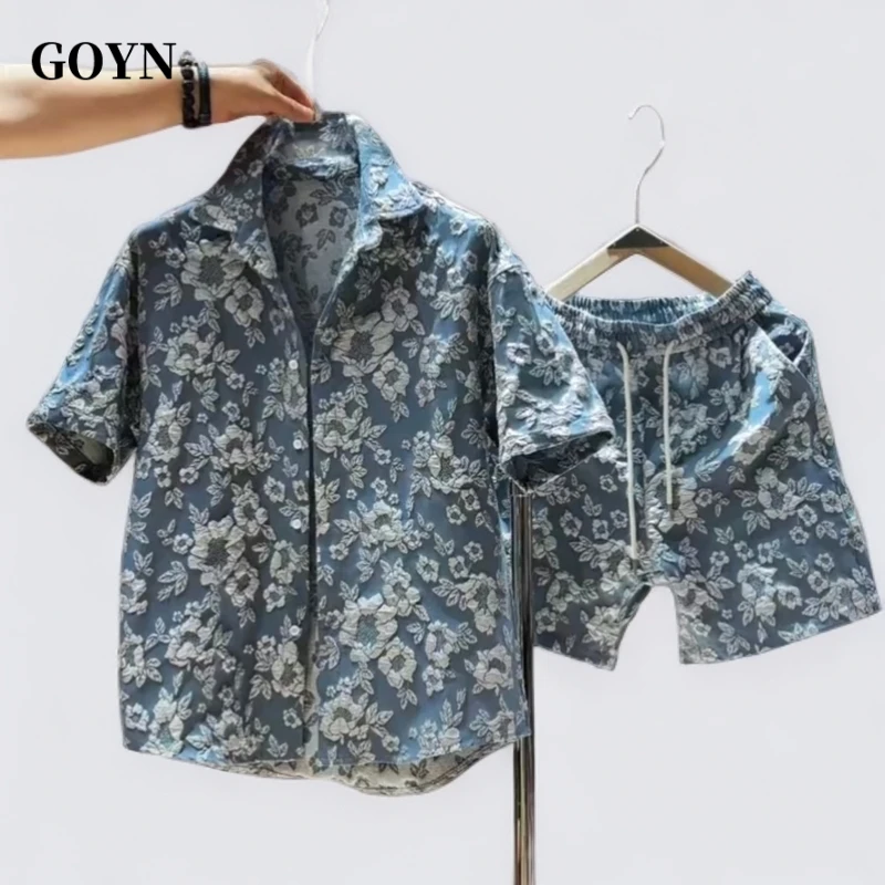 GOYN高级感男装夏季薄款浮雕压花衬衫短裤套装男士潮流宽松两件套