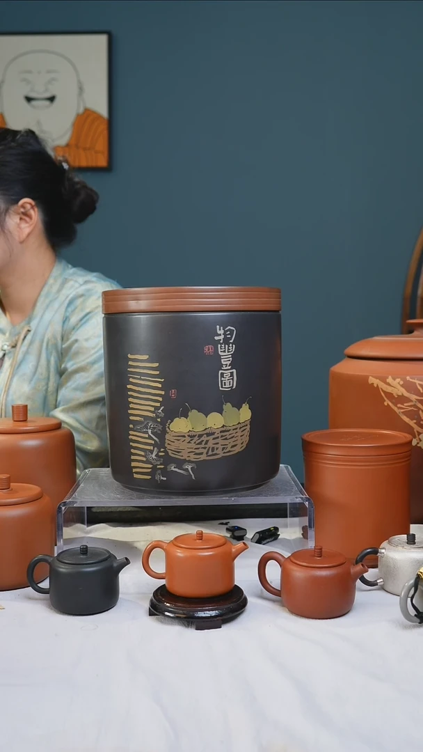 建水紫陶阴刻阳填精工7饼缸轻微手工痕