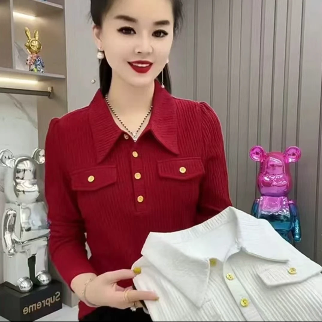 春秋新款长袖时尚气质polo领洋气小衫高档上衣减龄打底衫