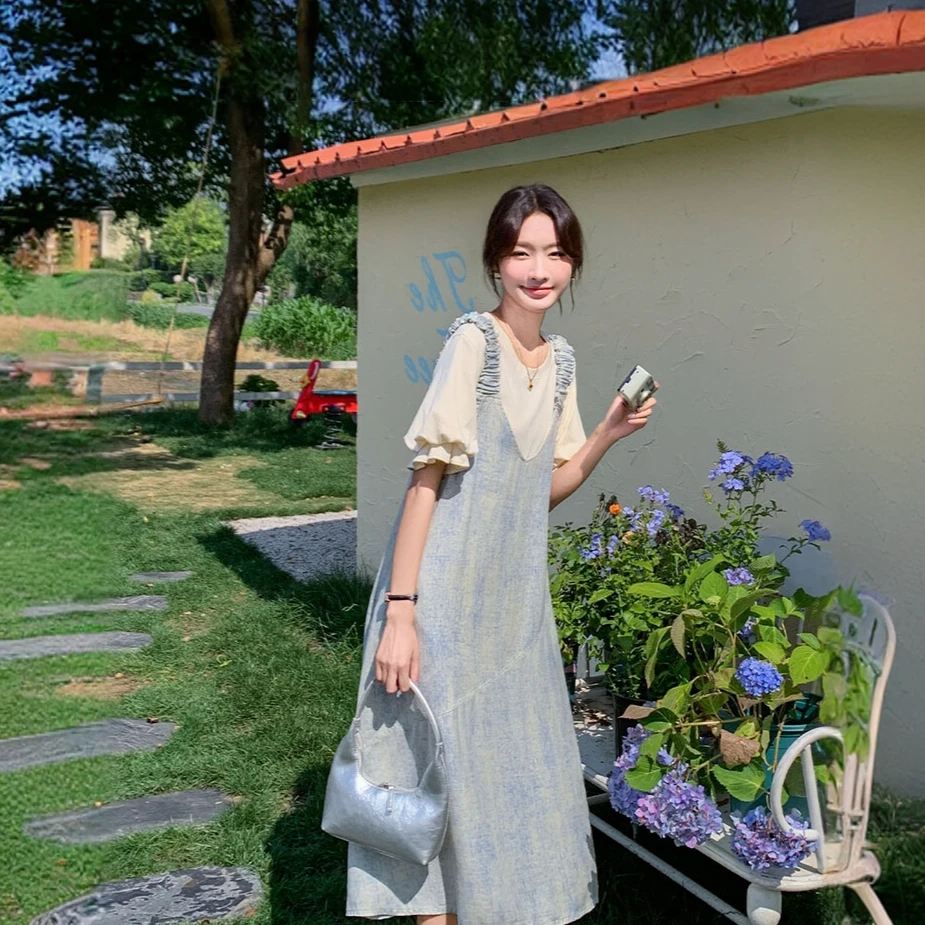 设计感蓝色扎染背带裙套装女中长款2025夏季新款小众不撞款两件套