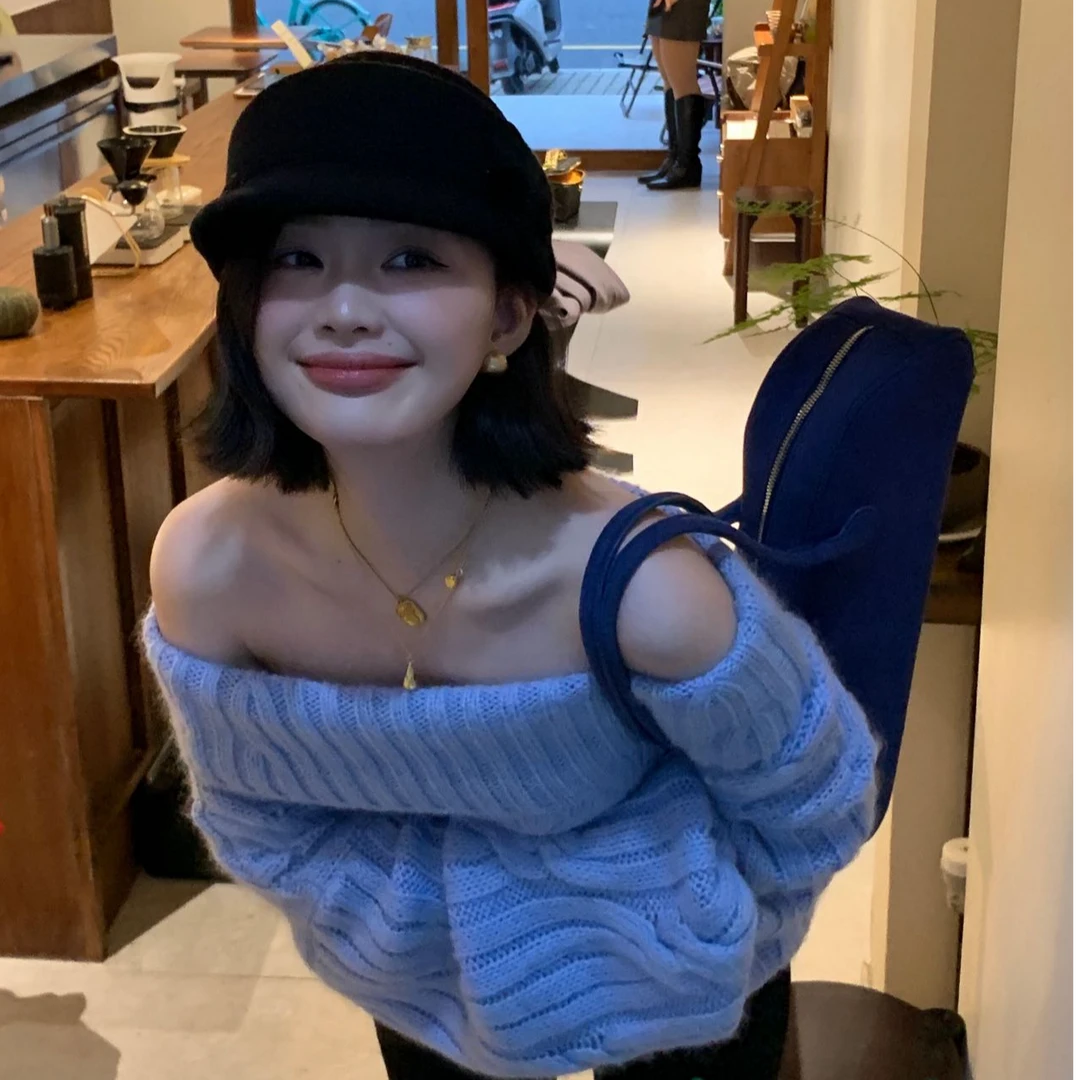 韩系慵懒风一字领麻花针织衫女秋冬新款网红性感露肩长袖毛衣上衣