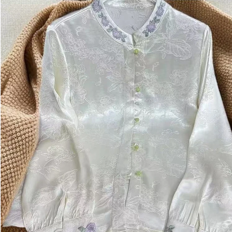 【竹与鸟】新中式国风衬衫上衣女早春内搭刺绣提花桑丝衬衣