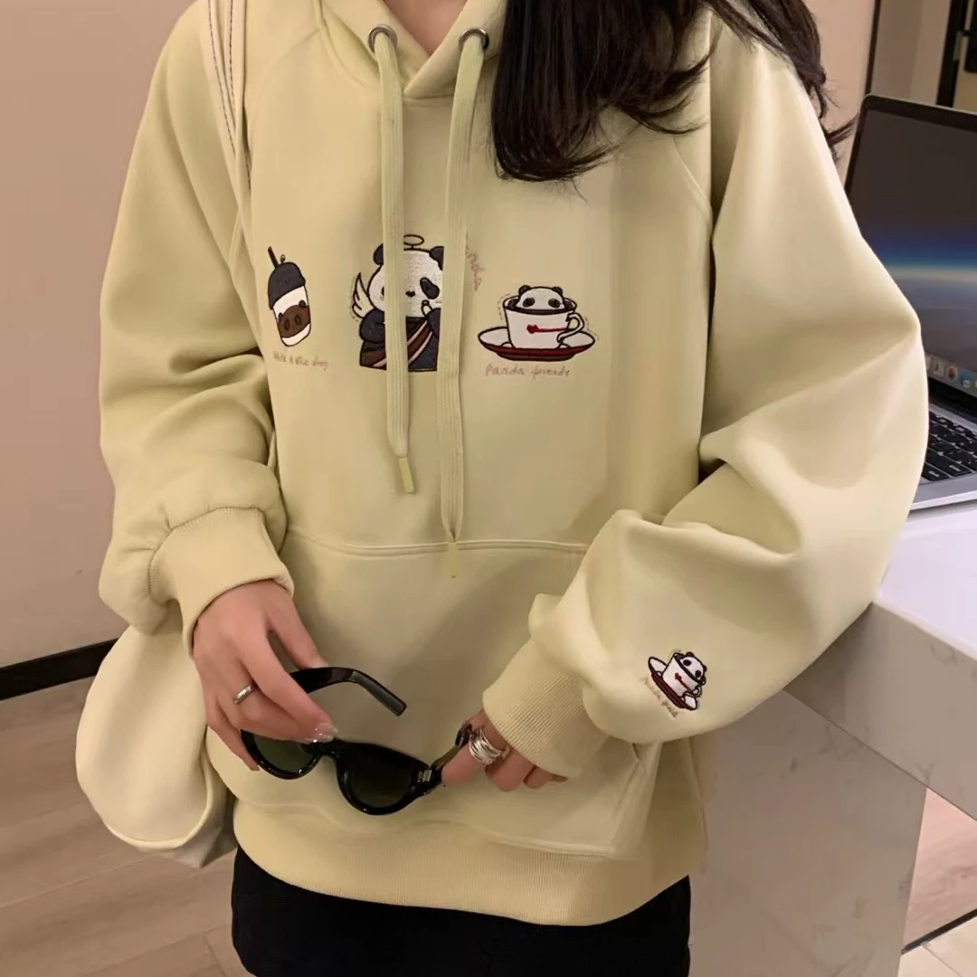 阿悄家 春秋款 慵懒风刺绣熊猫连帽卫衣#6062