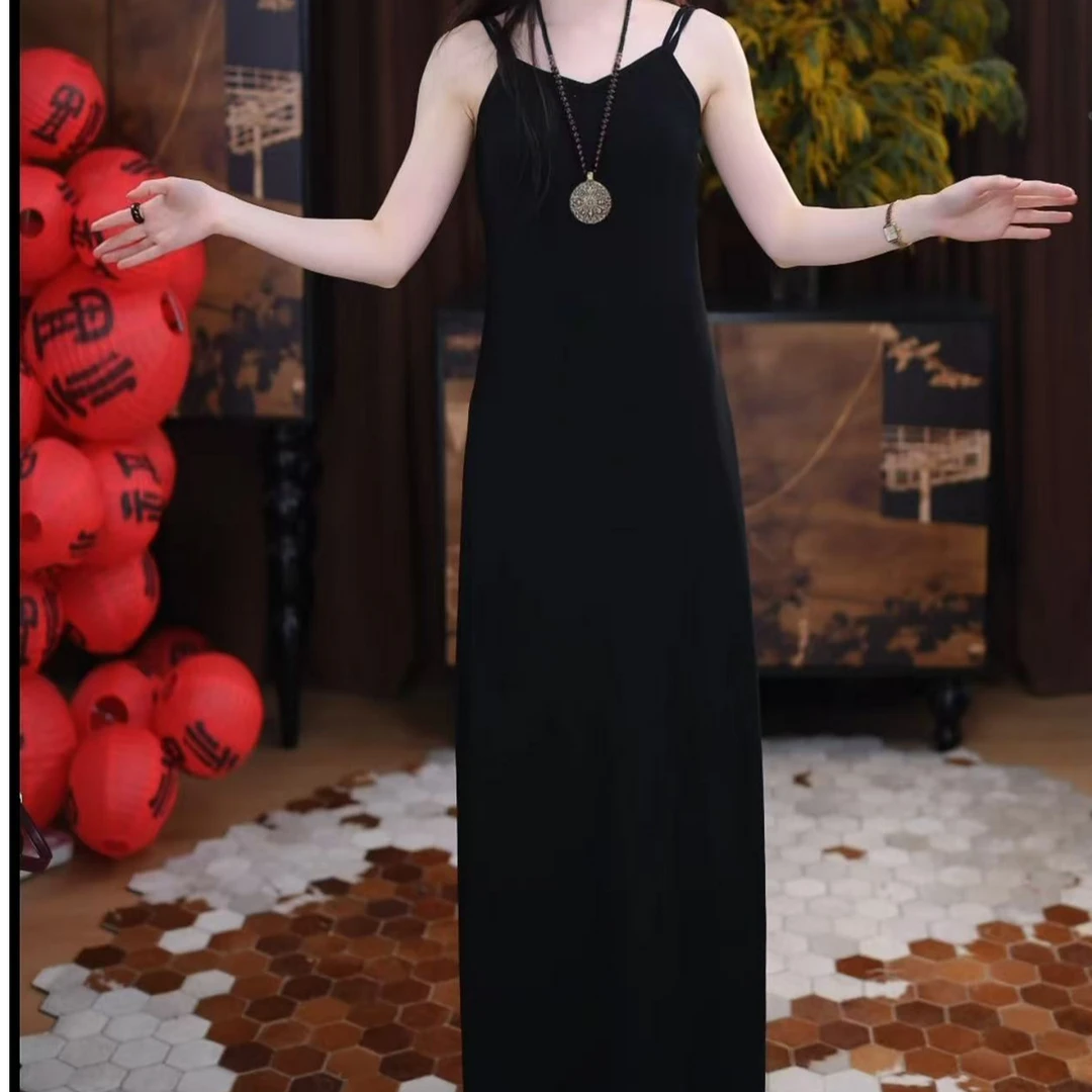 【昕晚】腔调设计感宽松四季可穿黑色性感打底裙纯色吊带连衣