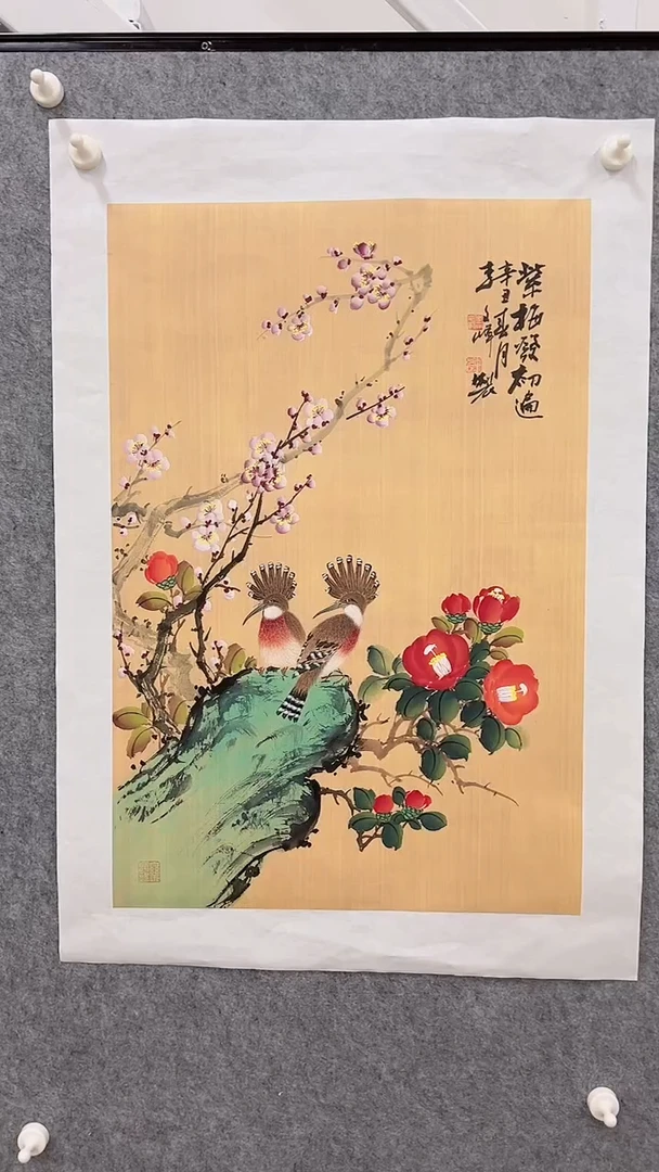 国画李文峰四尺三开工笔花鸟