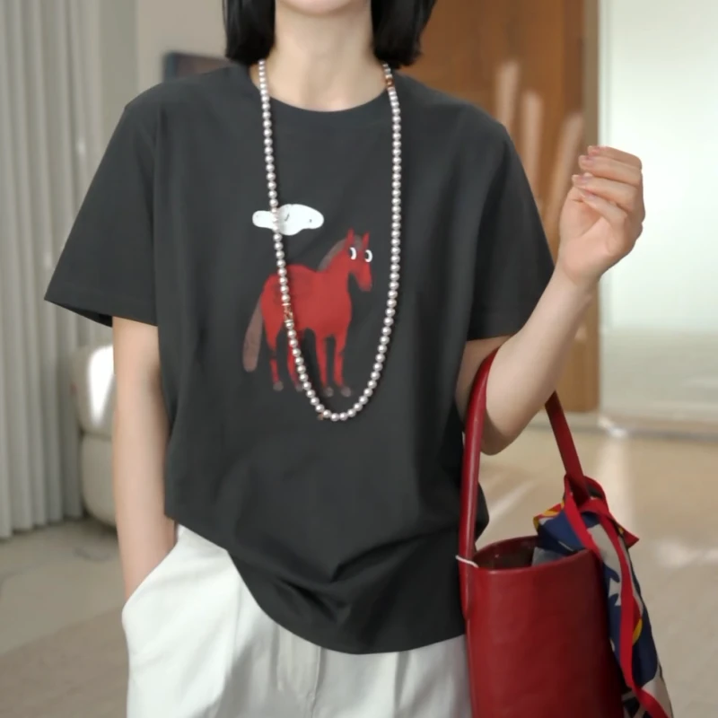 2025春夏新款设计感显瘦印花圆领时尚撞色百搭短袖T恤LK2502495