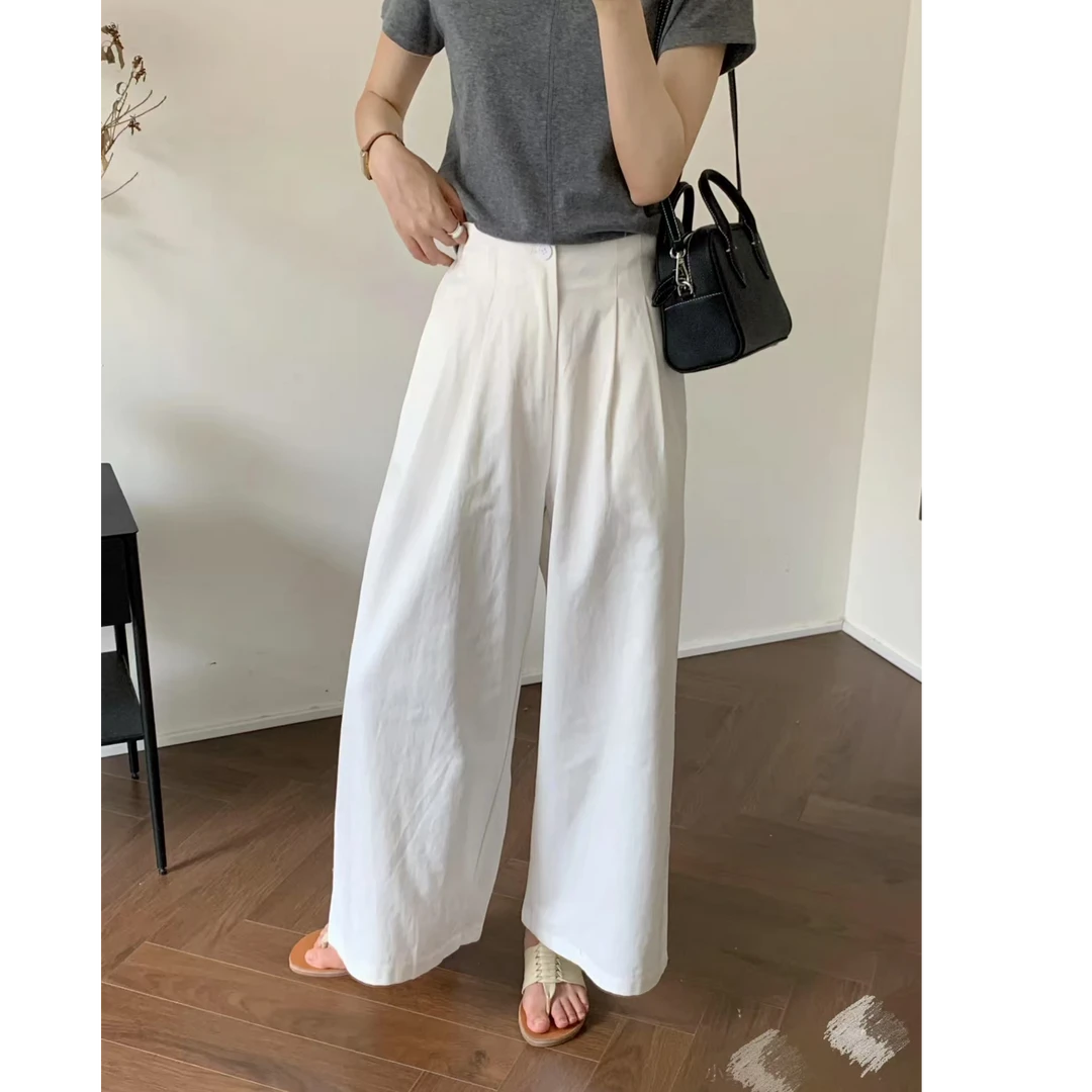 【纯棉 -做过洗水-后期不缩水】气质阔腿裤女2025春纯棉高腰直筒裤