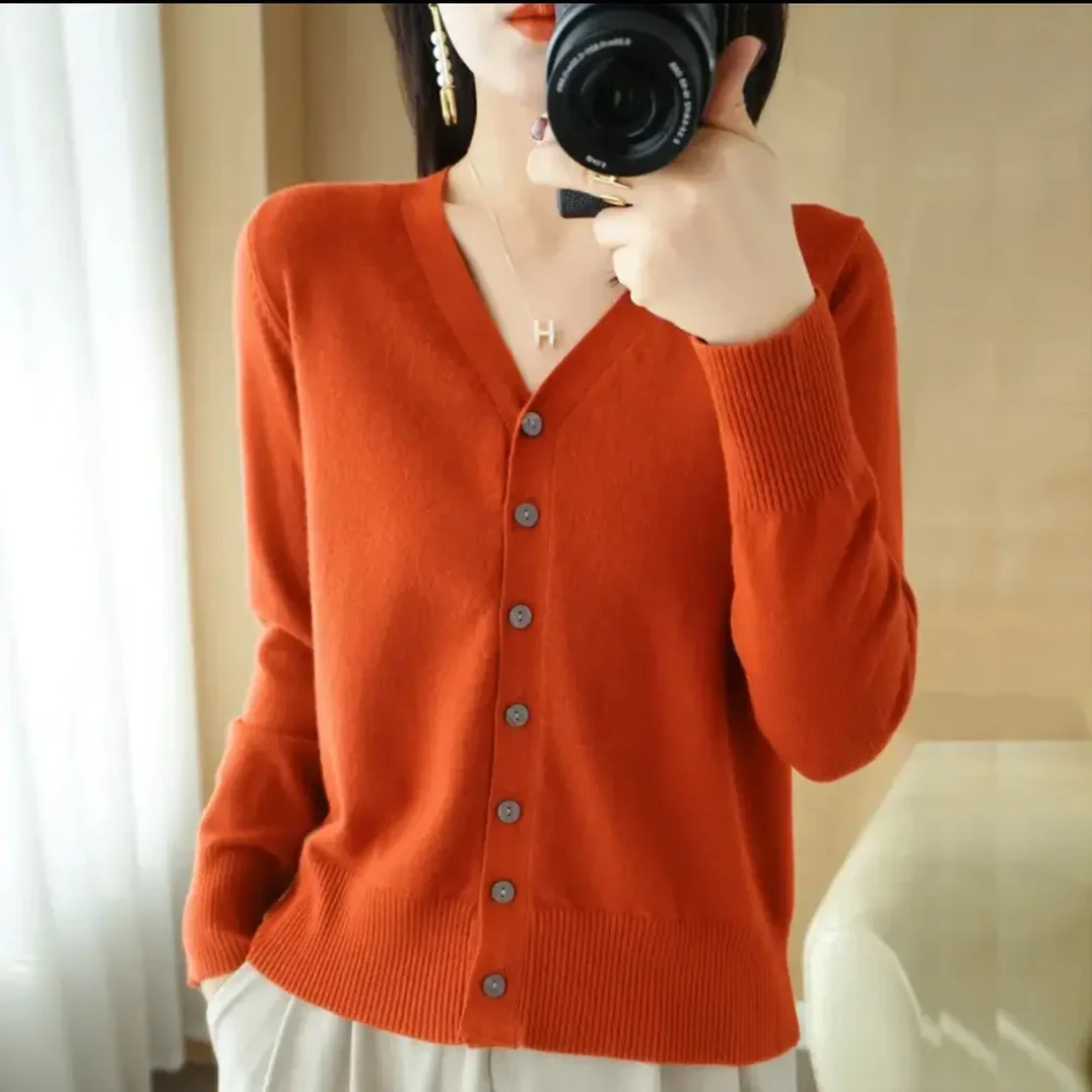 100%羊毛~减龄显瘦时尚洋气V领长袖开衫女外套