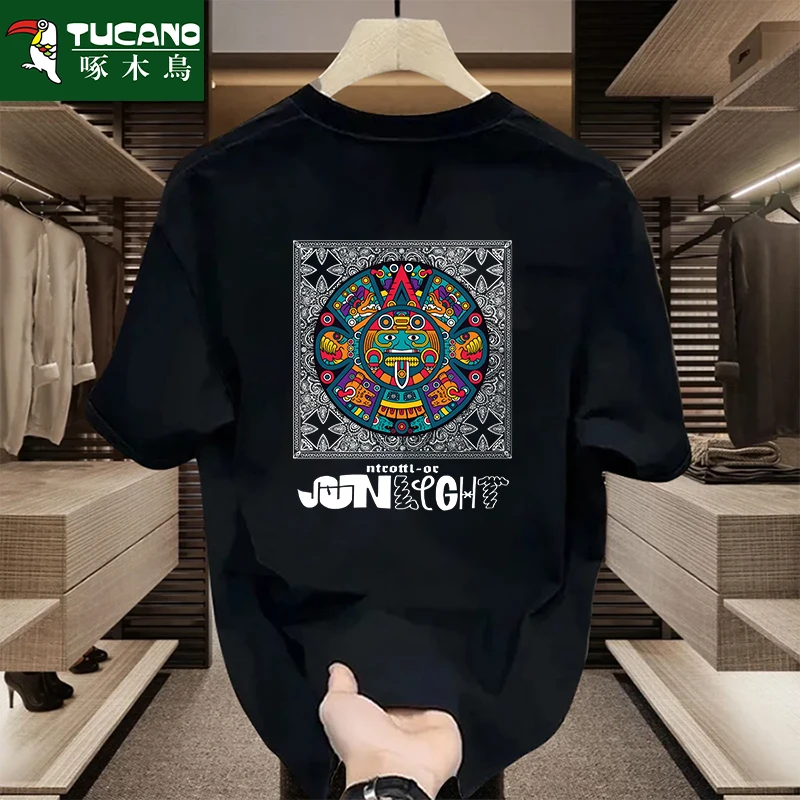 啄木鳥夏季大码印花纯棉短袖t恤男士潮流韩版宽松圆领上衣男半袖