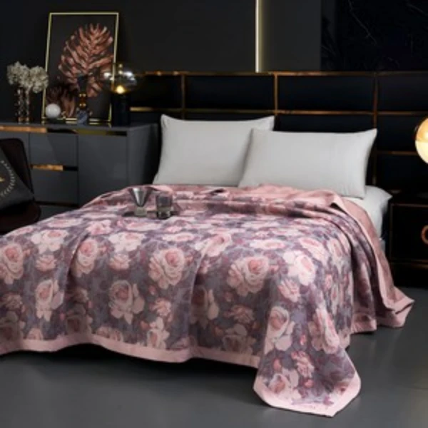 【R床盖-加大花满园】230*250cm多层纱布驼绒长绒棉柔软通用床盖