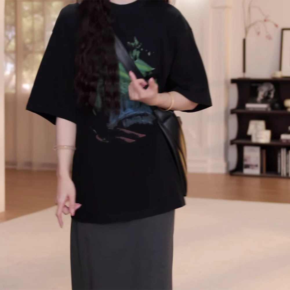 夏季新款宽松大版显瘦薄款印花短袖T恤C5575