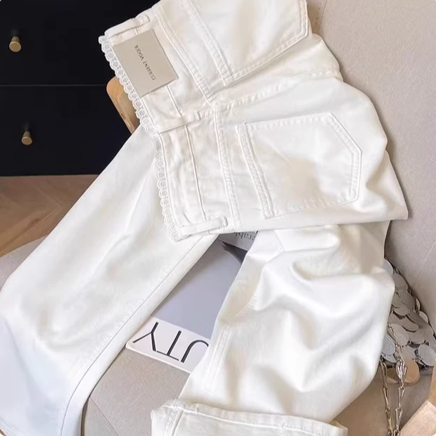 【现货+有运补】白色蕾边高腰直筒牛仔裤春夏显瘦感宽腿拖地裤