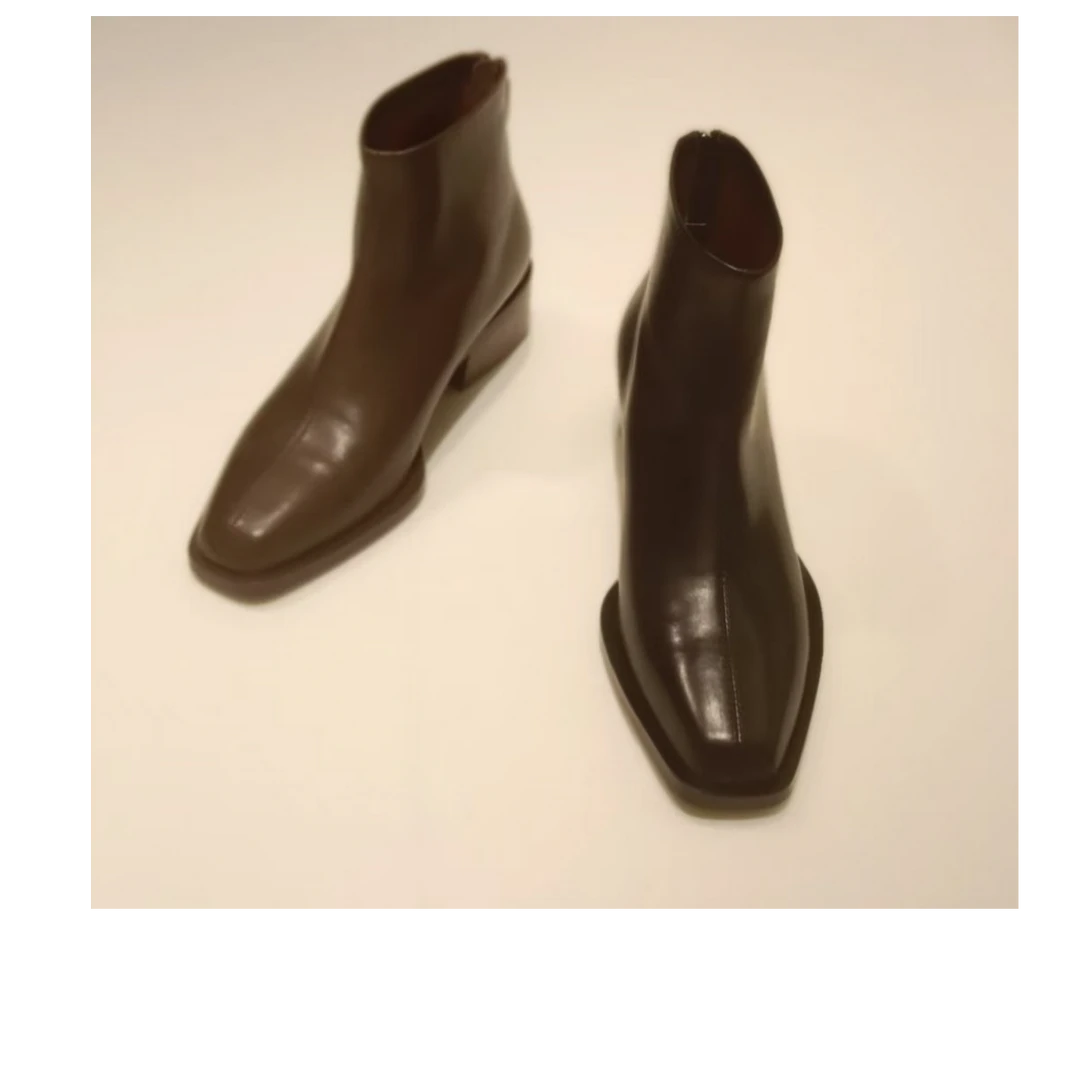 狄士诺2024新款复古时尚裸靴百搭真皮粗跟方头秋冬靴