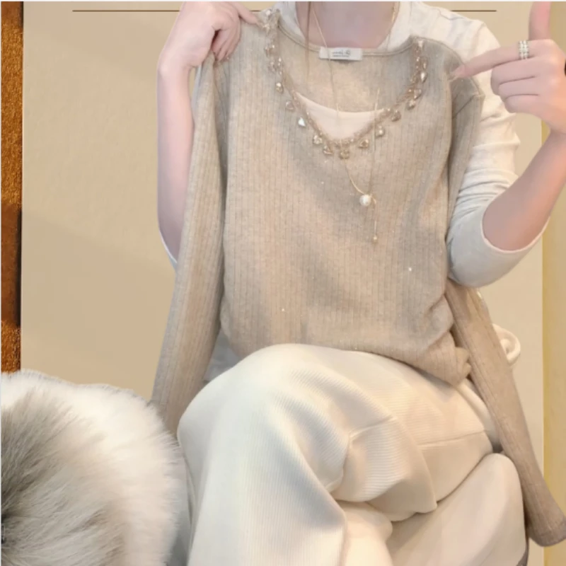 秋冬新款假两件重工时尚长袖针织衫设计感V领上衣女装LK2508098