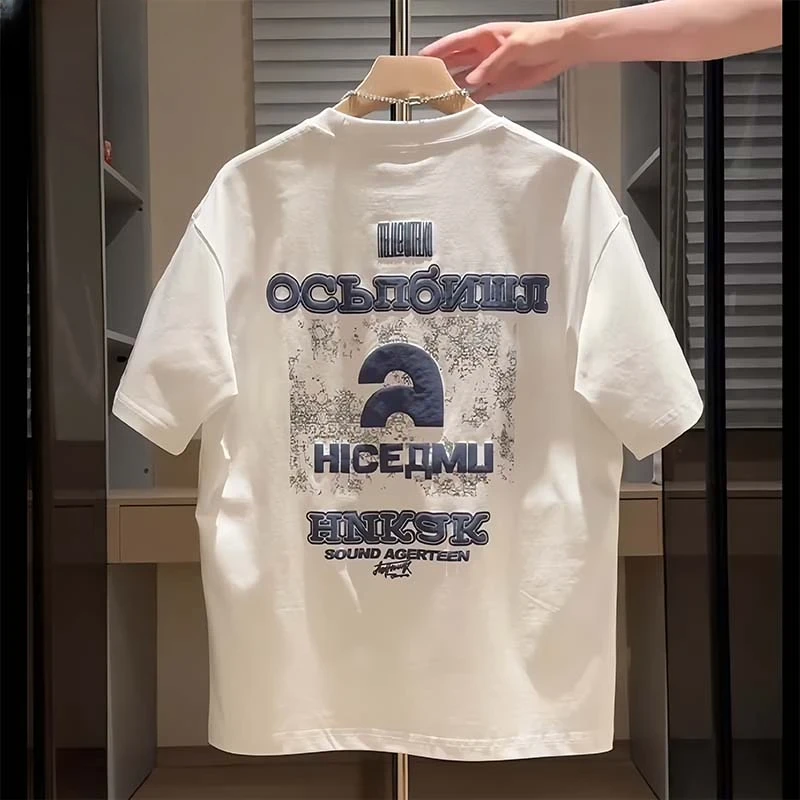 国潮重磅时尚休闲T恤夏季个性创意图纯棉短袖男士半袖上衣百搭