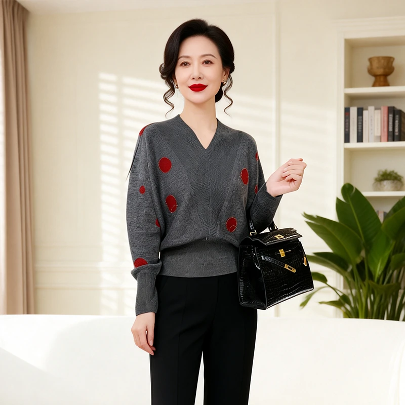 慵懒风时尚V领圆点毛针织衫女装秋冬新款宽松减龄短款长袖上衣女