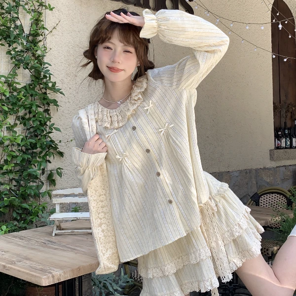 sinsingirl 复古条纹长袖防晒衬衫+蛋糕半身短裙 两件套