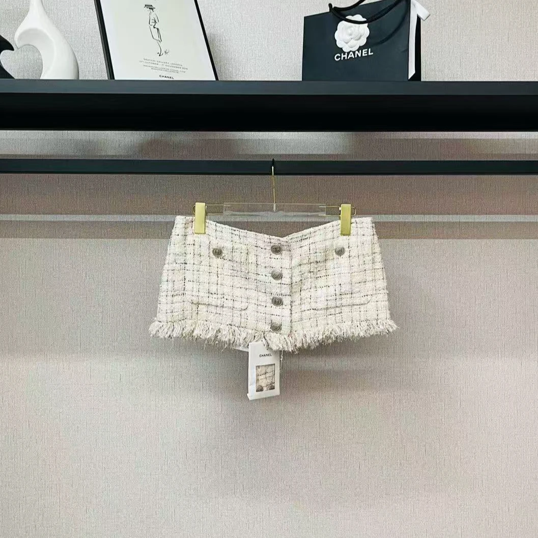 99新 Chanel/香奈儿 粉色粗花呢低腰半裙/f38/编号925