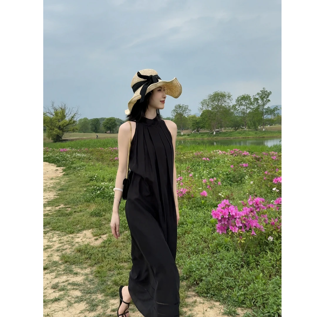 ｛三免一清仓福利｝【昭愿】镂空裙摆春夏显瘦气质黑色连衣裙长裙