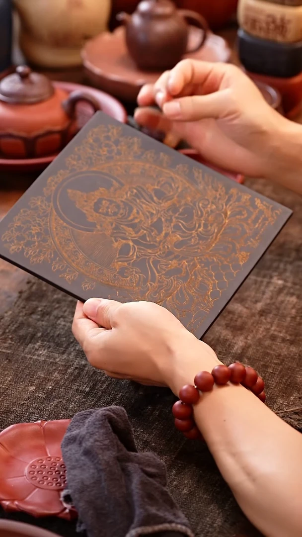 紫砂茶盘黄财神石黄壶承方形描金工艺