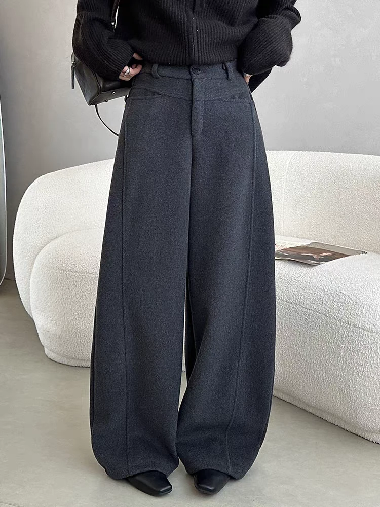 加厚羊毛呢西装阔腿裤女欧货2025秋冬高腰显瘦宽松直筒弯刀休闲裤