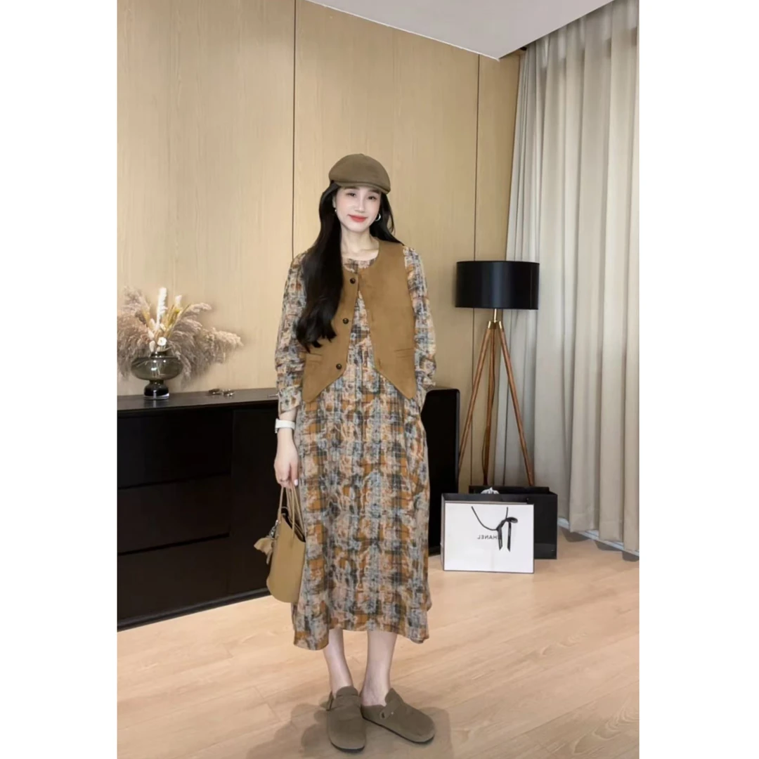 长袖连衣裙套装女秋季2025新款时尚高级一整套穿搭马甲长裙两件套