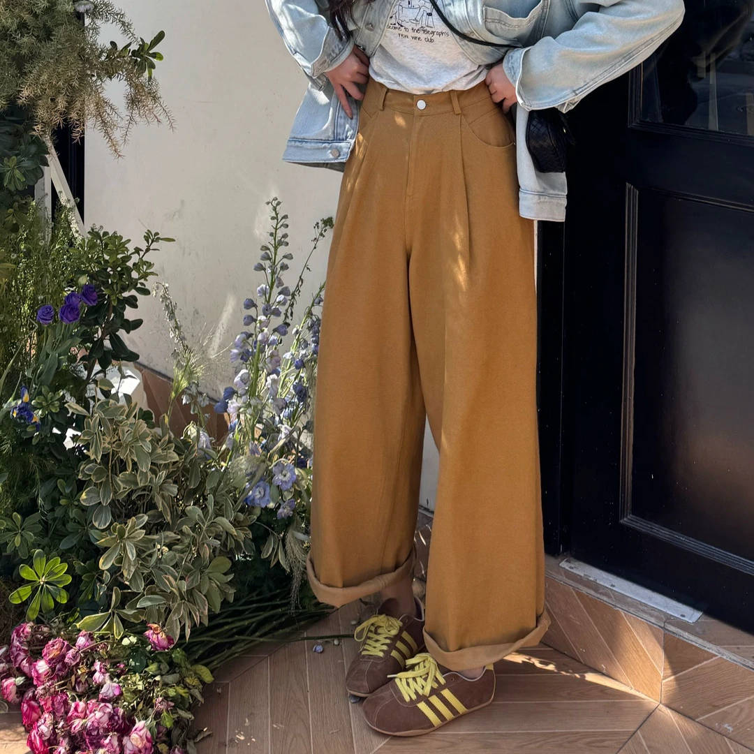 【漫步西野】春季复古直筒牛仔水洗可卷边高腰显瘦阔腿裤百搭