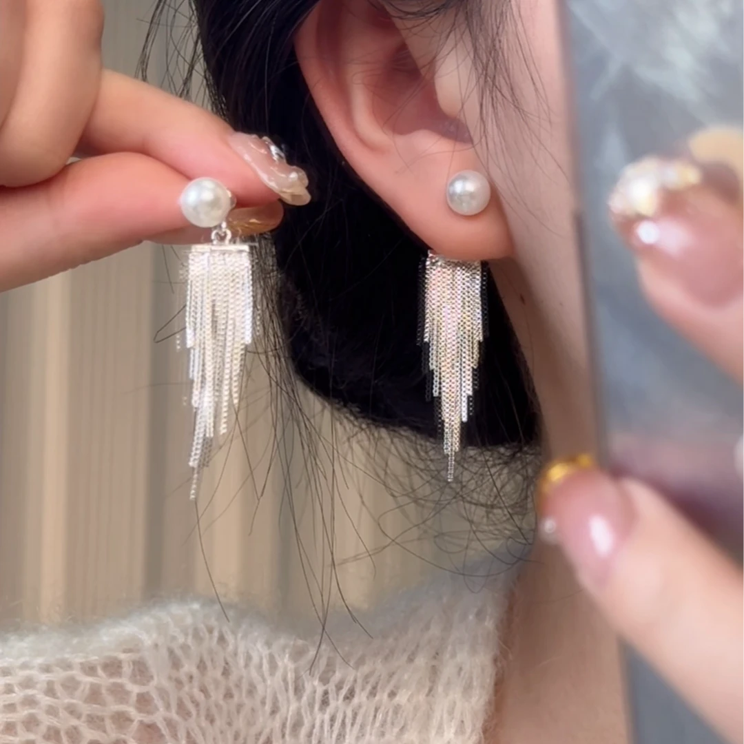 925银耳饰 流苏款波光粼粼韩版ins风主播自留耳环女正圆高级时尚