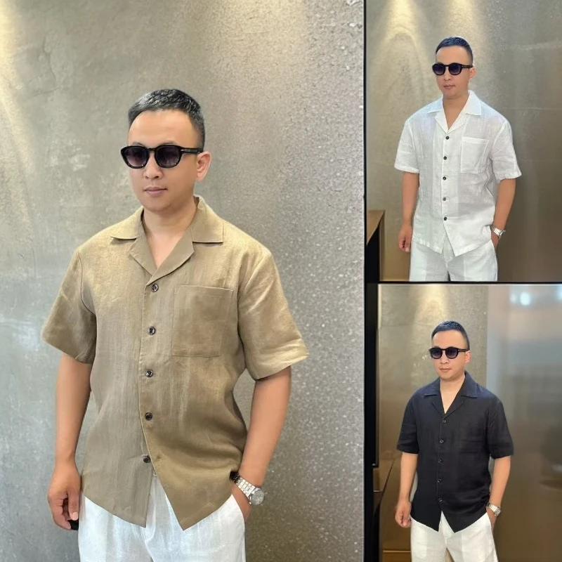 张先生欧货•8131夏季男士古巴领时尚休闲亚麻纯色微宽松短袖衬衫