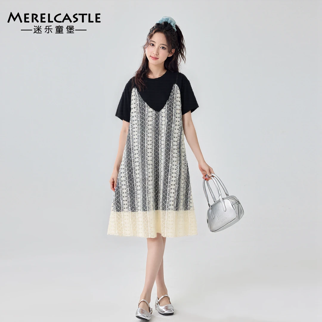 C5601女童蕾丝假两件连衣裙初中生重工时尚洋气裙子青少年穿搭