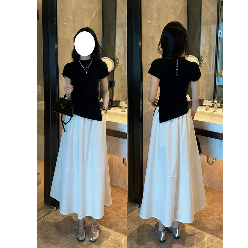 夏季新款时尚套装女抽绳修身短袖针织衫搭配高腰半身裙显瘦两件套