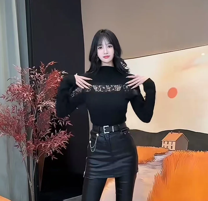 六金定制-[L0Z9]长袖镂空圆领休闲风设计感拼接T恤蕾丝气质秋冬