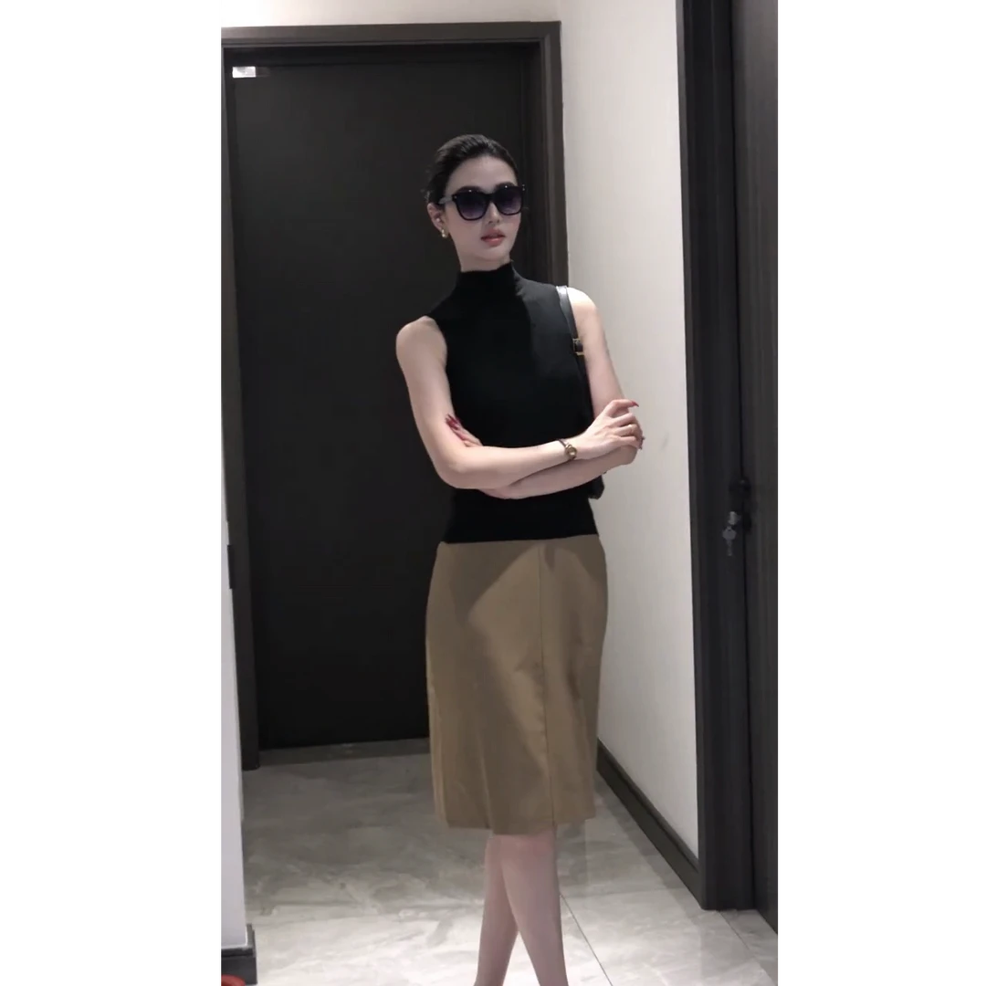 纯欲辣妹黑色无袖背心上衣高腰包臀半身裙两件套女夏日漂亮小套装