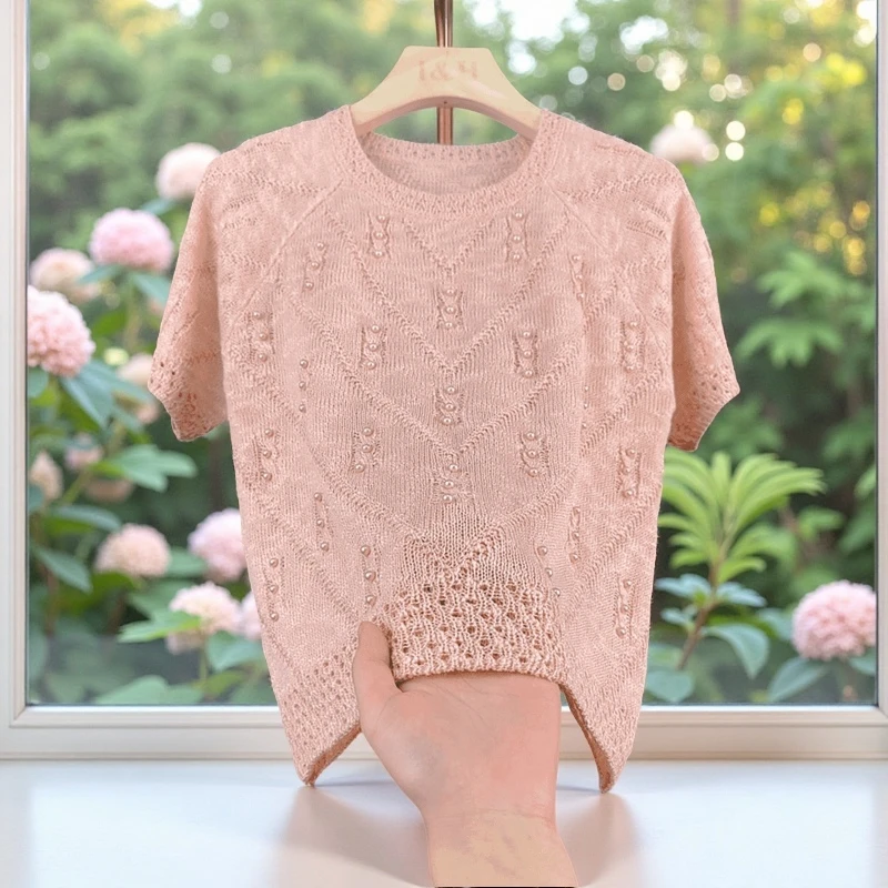 2025新款夏季短袖圆领T恤薄款针织衫女镂空百搭时尚洋气打底上衣