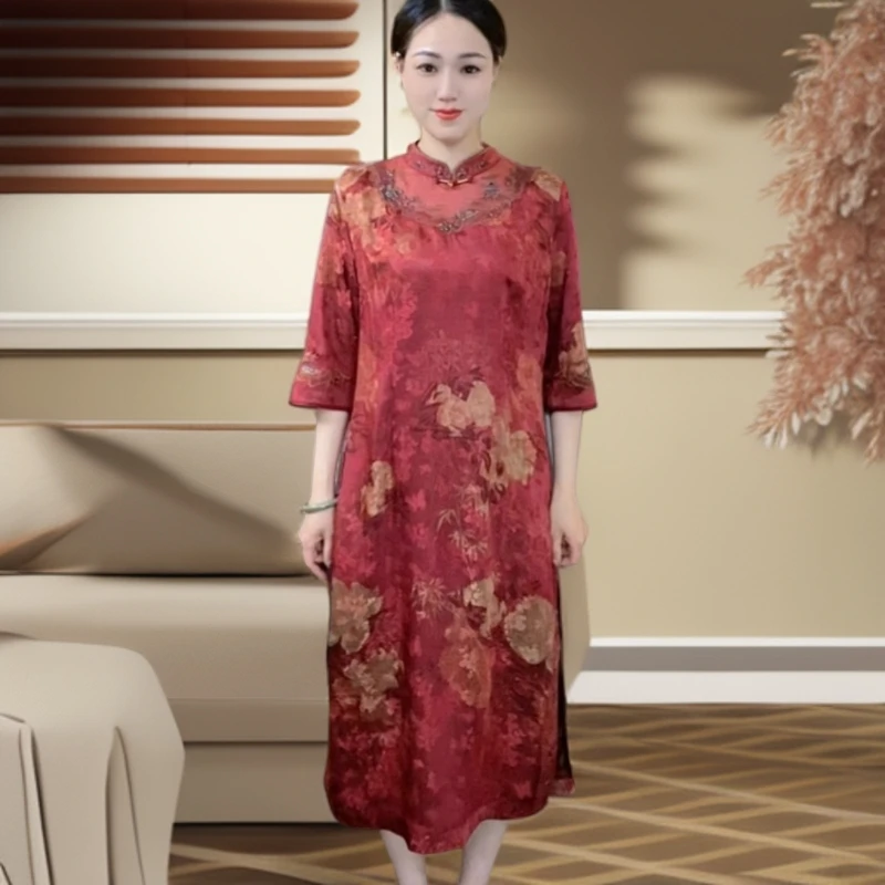 江南鑫雅阁【亭台楼阁】新中式国风连衣裙中长款刺绣改良旗袍连衣裙