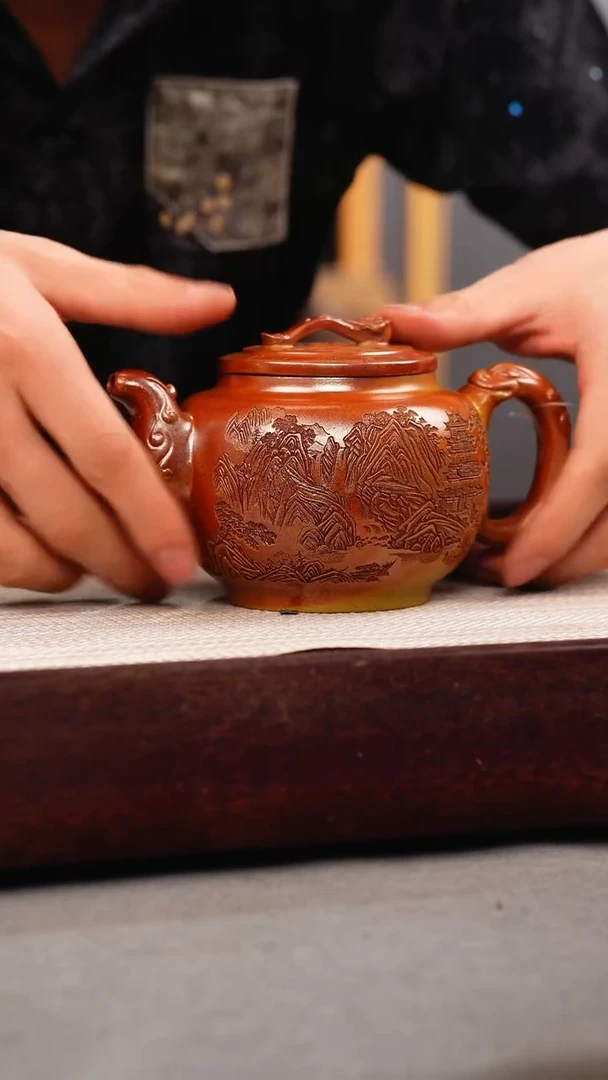 茶壶紫砂火云烧 如意鼓壶 刻绘