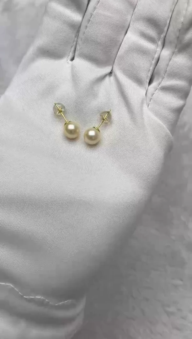 银S925镶嵌海水珍珠耳钉AK羽皇金素钉7-7.5mm