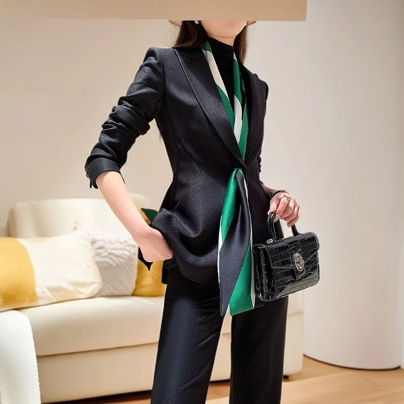 0282高级感黑色小西装外套女修身微喇裤职场女士干练商务西服套装