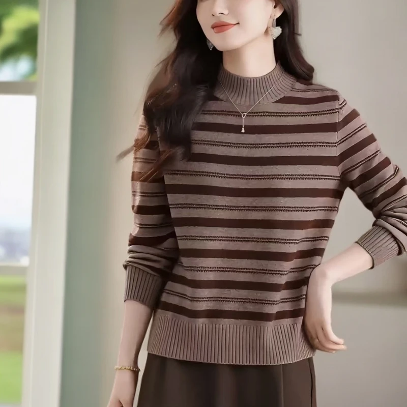 半高领条纹针织衫女长袖拼色毛衣秋冬新款洋气宽松显瘦打底衫上衣
