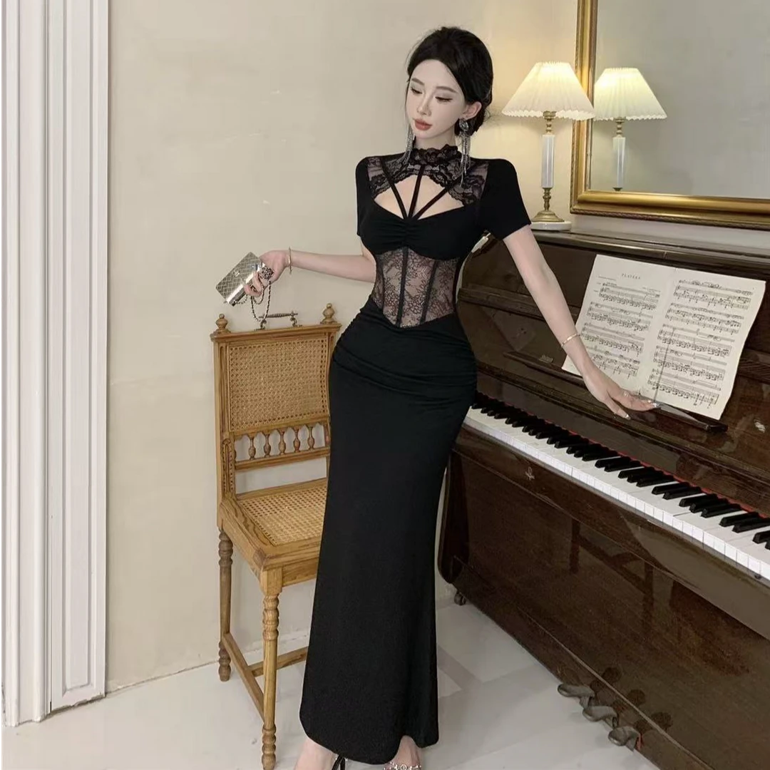 性感辣妹蕾丝拼接镂空连衣裙女春夏收腰包臀长款礼服连衣裙
