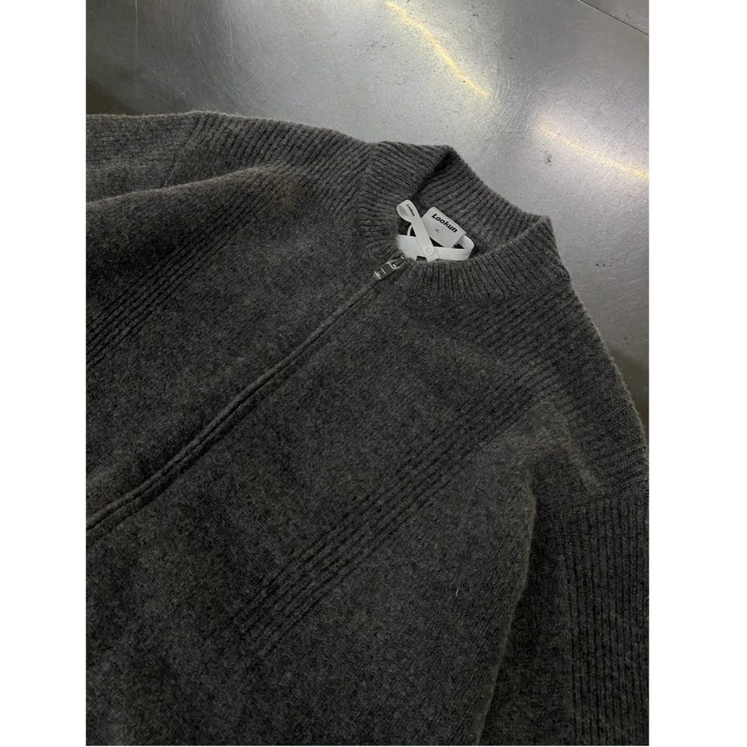 Lookun  相对论 拉链开衫圆领灰色毛衣复古情侣宽松休闲秋冬长袖